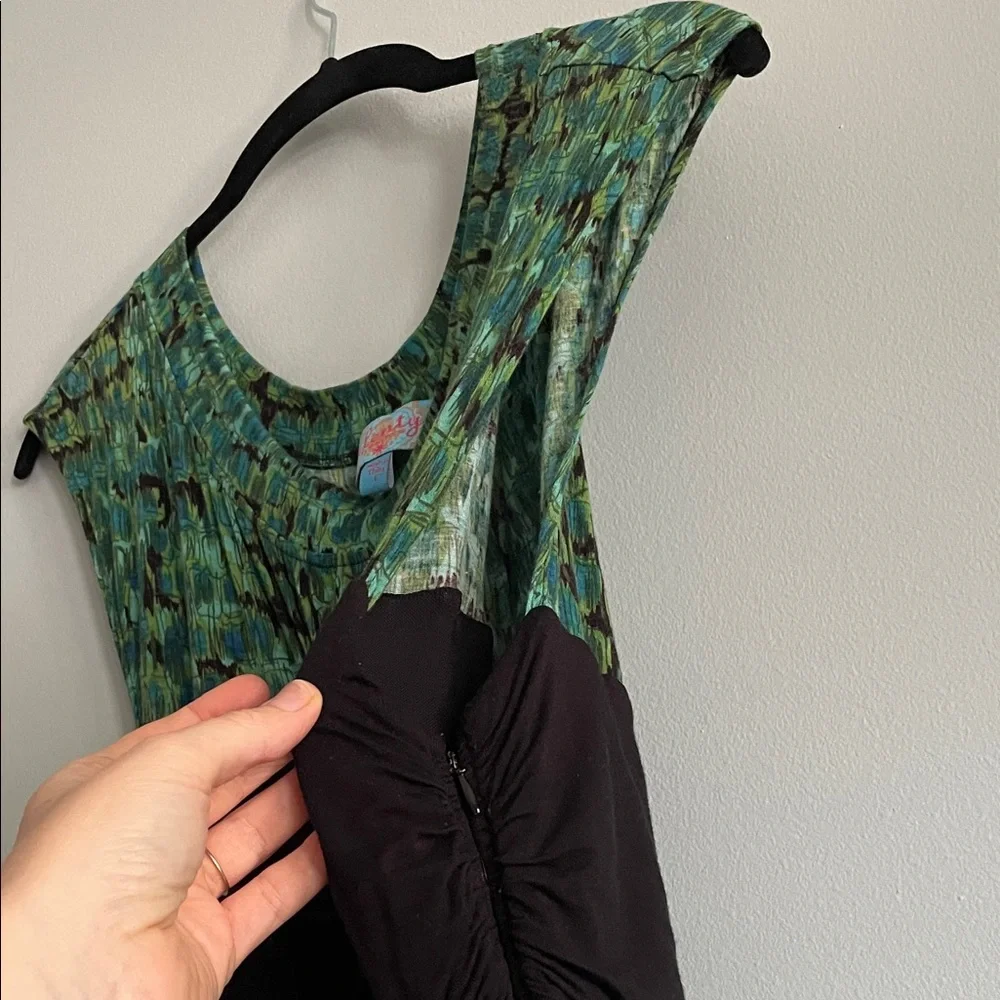 Plenty by Tracy Reese Green Patterned Midi Dress with Black Ruched Waist - Picture 5 of 7